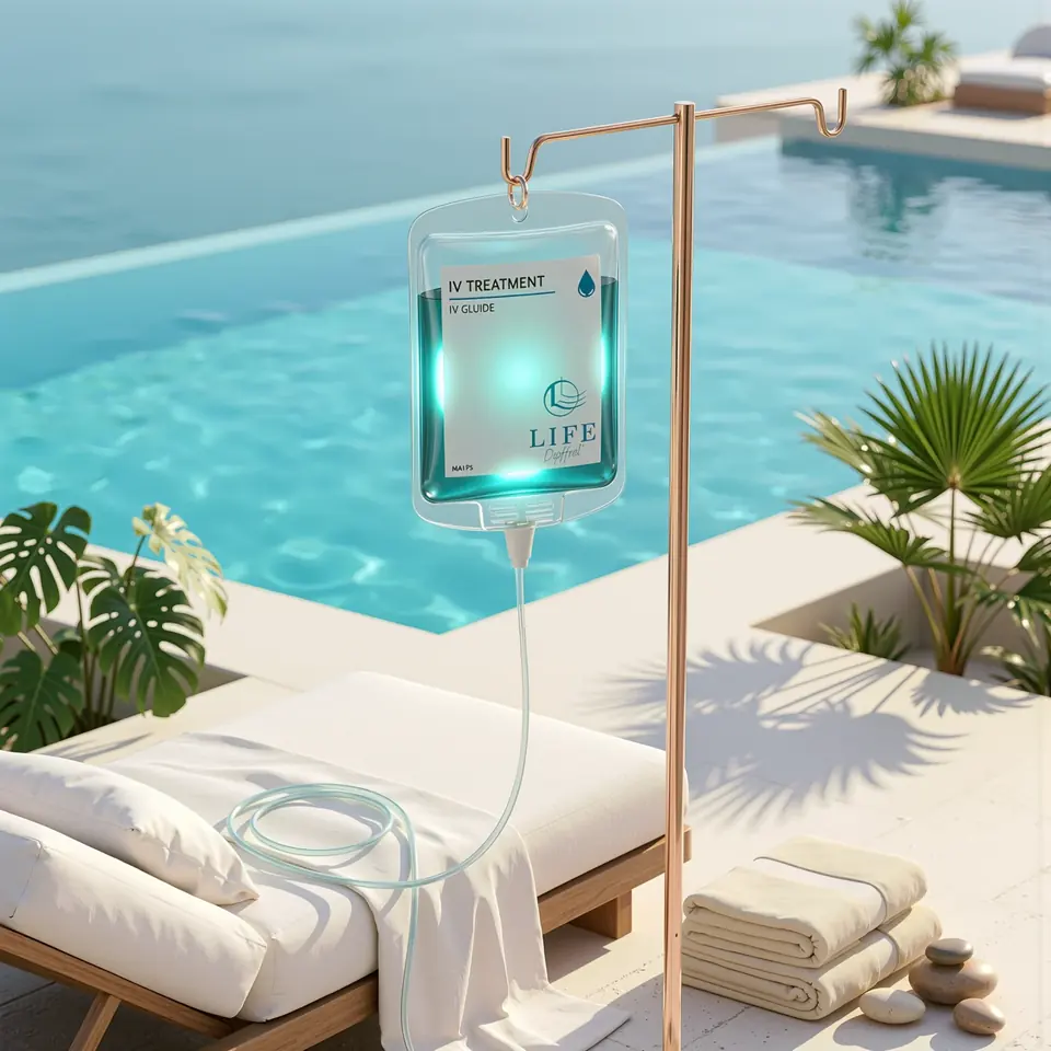 Life Liquified IV hydration bag beside a pool