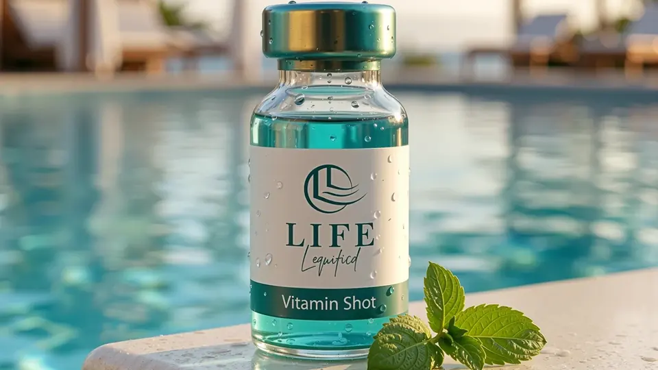 Life Liquified vial beside a pool